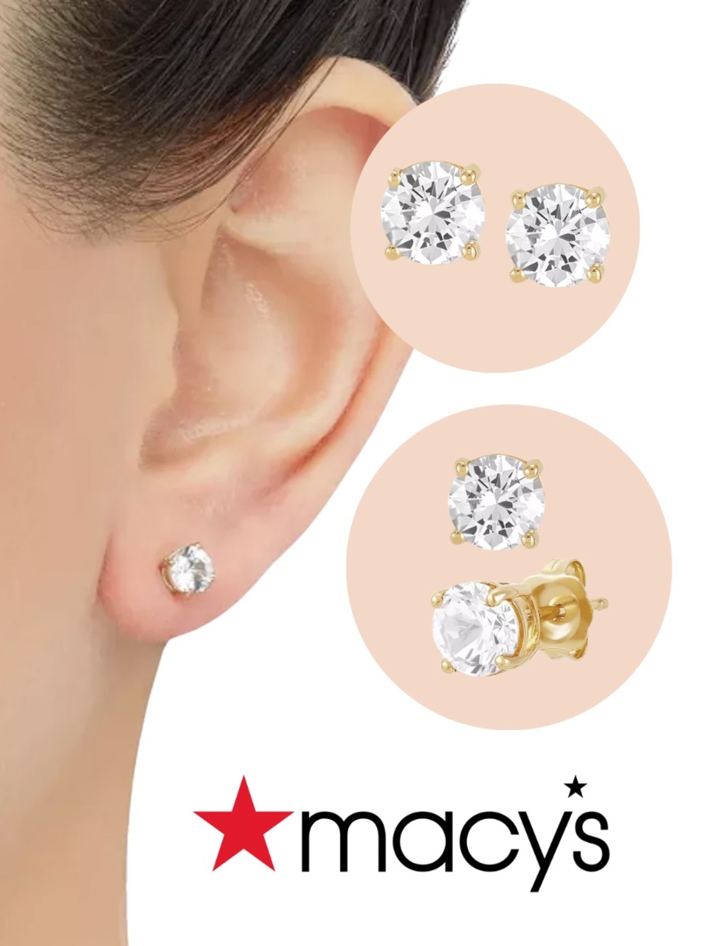 Macy’s | White Sapphire Stud Earrings 14K Gold Lab Created Solitaire - Size OS